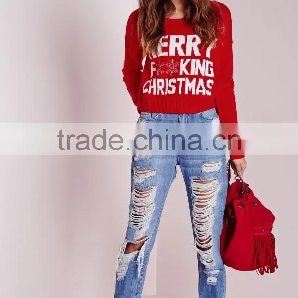 Custom Design Women Merry Christmas Crew Neck Cropped Jumper Red Knitwear Sweater Pullover photo-5