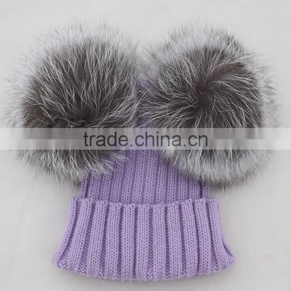 Myfur Royal Blue Man Winter Knitting Hat With Detachable Real Silver Fox Fur Balls photo-3