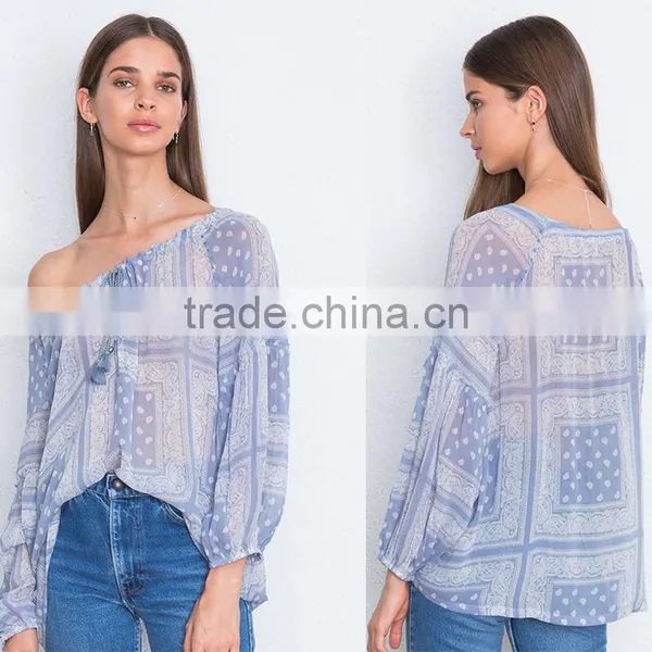 Fringed Drawstring Elastic Neckline Sheer Georgette Peasant Blouse photo-5