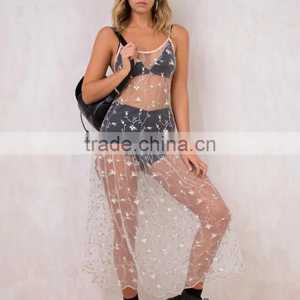 Overall Embroidery Transparent Mesh Dress Sexy Girls' Sheer Beach Wear photo-5