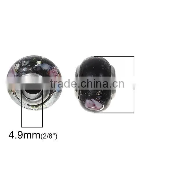 Lampwork Glass European Style Large Hole Beads Round Black Transparent Pink Flower With 304 Stainless Steel Silver Tone Core photo-2