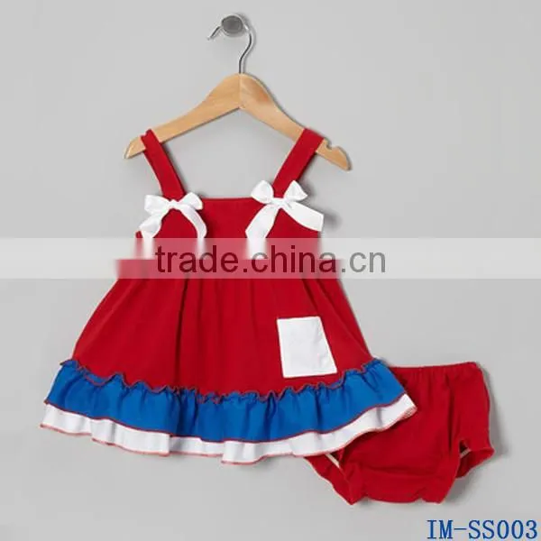 Wholesale Infant Baby Girls 4th of July Ruffle Swing Top Outfit Kids Cotton Red Ruffle Bow Top With Diaper Cover Sets IM-SS003