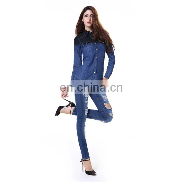 Long Sleeve Navy Factory Wholesale Ladies Denim Shirts photo-6