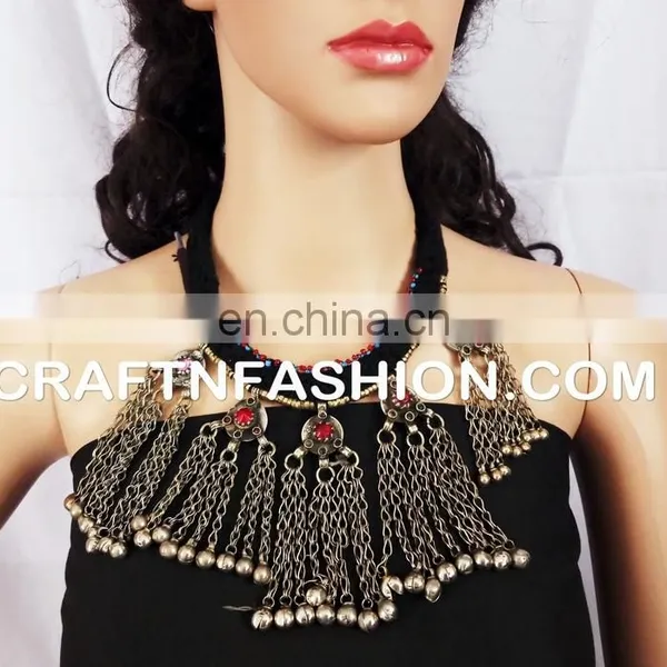 Antique Ethnic Beaded Old Coin Necklace - Designer Heavy Banjara Kuchi Beaded Necklace 1960s Vintage Tribal Gypsy Necklace photo-2