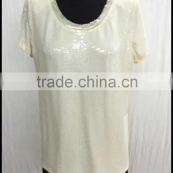 European Fashion Style Round Collar Short Sleeve Sequined White Blouse photo-5