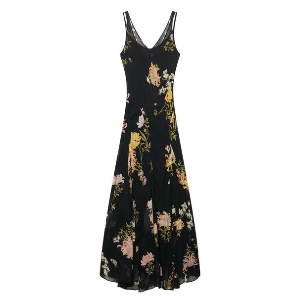 2025 Summer New Women's Suspender Temperament Printed Sleeveless V-neck Long Dress photo-5