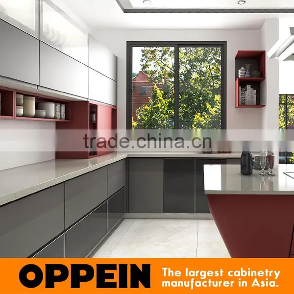 Red & Grey Tempered Glass Lacquer MDF Wooden Kitchen Cabinet With Island Design photo-3