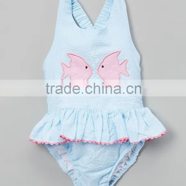 Fully Lined Striped Baby Girl Fish Appliqued Swimsuit Seersucker Children Baithing Suit Beachwear