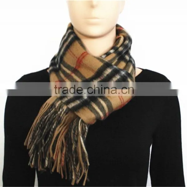 Camel Yarn Dyed Checked Double Faced Plain Wool Scarf With Fringe