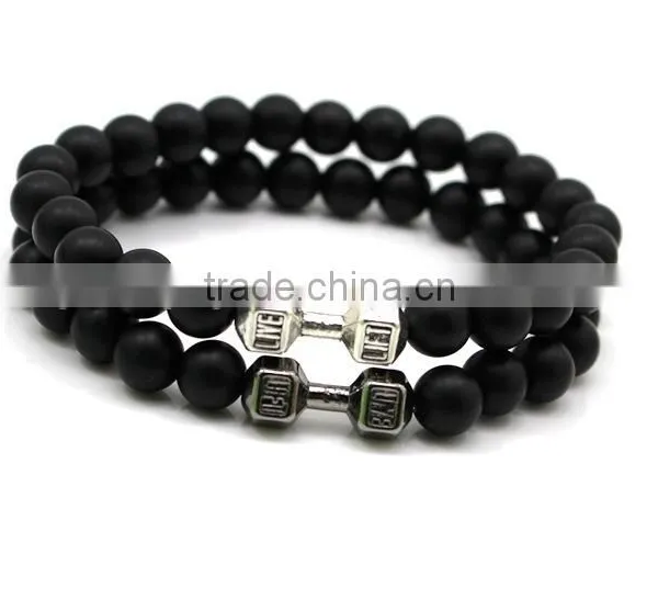 Wholesale Alloy Metal Barbell Matte Black Stone Beads Fitness Fashion Dumbbell Bracelets photo-5