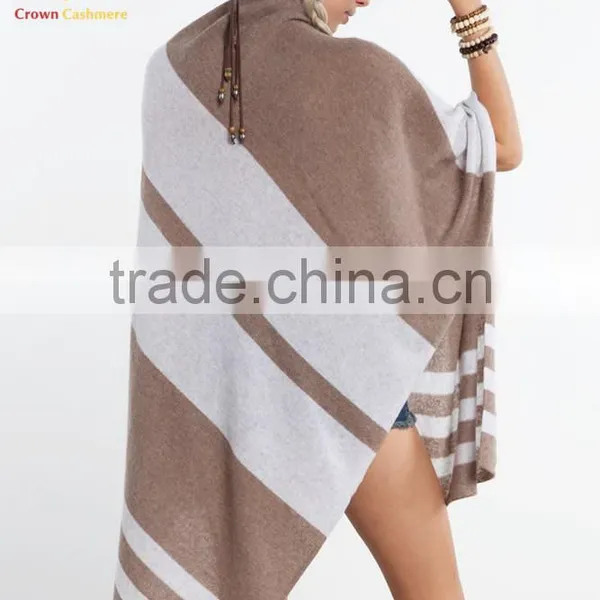 Cashmere Wool Knitted Poncho Shawls With Buttons Stripe Color Block Shawl photo-4