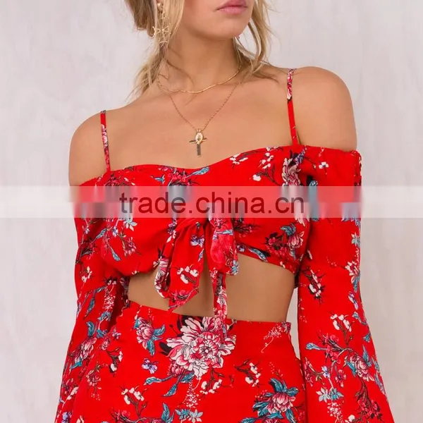 Front Tie Girls 2 Piece Crop Set Long Sleeve Floral Tops and Mini Skirts photo-6