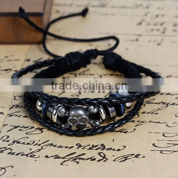 New Fashion Black Cord Gunmetal Halloween Skull Green Blue & Silver Tone Beads Cowhide Multilayer Bracelets photo-2