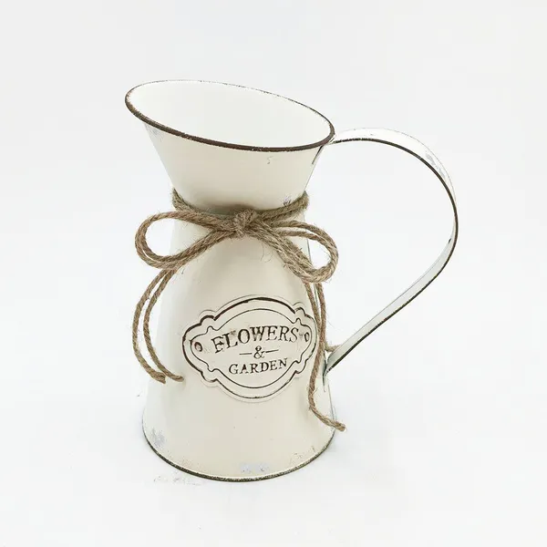 Vintage Farmhouse Metal Pitcher Vase | Iron Jug With Jute Rope Bow