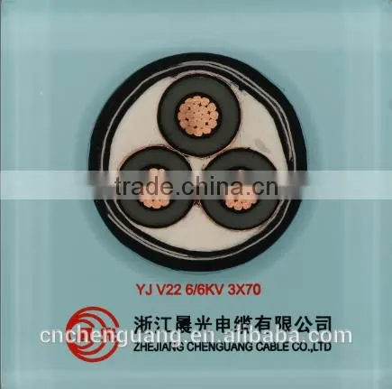 6/6KV Electrical Power Cable Copper 3 Core XLPE Insulated PVC Sheathed Cable YJV22 3*70mm2