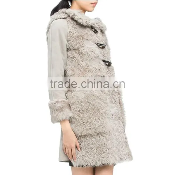 Customized Ladies' Long Chinese Full Lambskin Hooded Coat With Horn Toggles Button photo-3