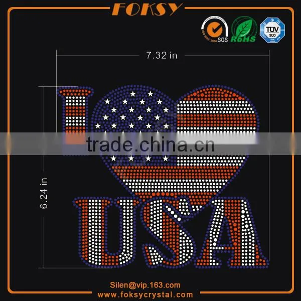 I Love USA Hot Fix Rhinestone Heart Design Transfers