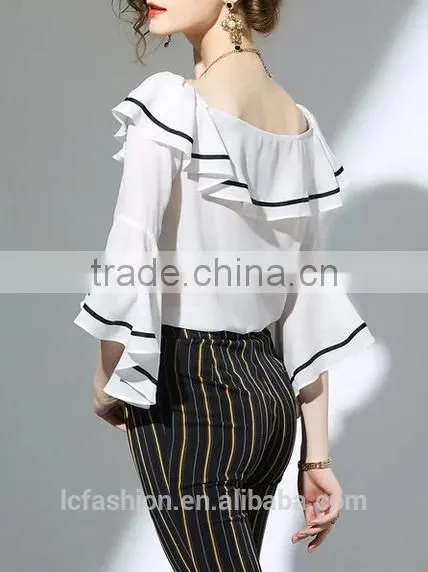 2017 Wholesale Summer Women Big Round Neck Ruffle Sleeve Fashion Chiffon Blouse photo-3