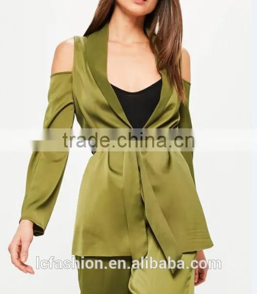 Picture of Office Ladies Cold Shoulder Tie Waist Satin Blazer Green Two Piece Sets for Office Ladies photo-5