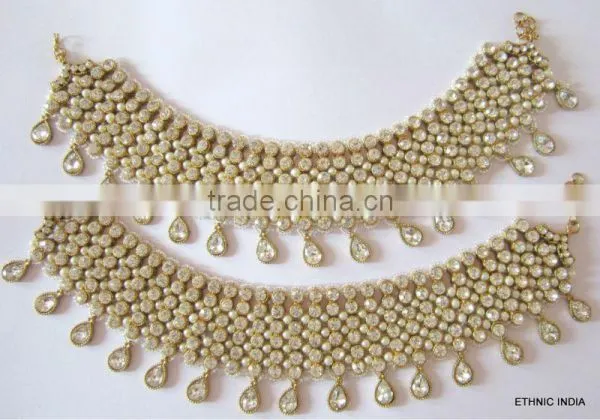 Bridal Golden Crystal Broad Payal ANKLETS Pair Feet Bracelet photo-4