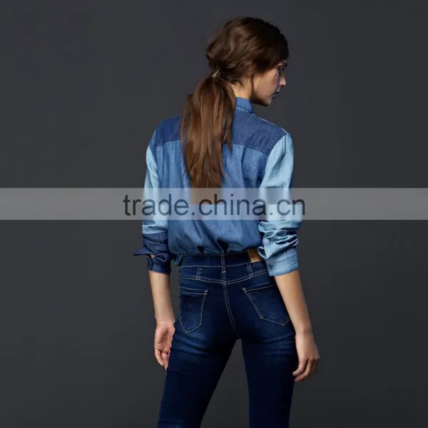 Hot Sale Women Denim Shirt With Pocket and Block Fashion Design Hot Sale photo-2