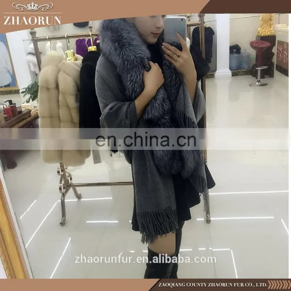 2016 Winter Genuine Pashmina Shawl With Fox Fur Collar Fashion Cashmere Cape photo-2