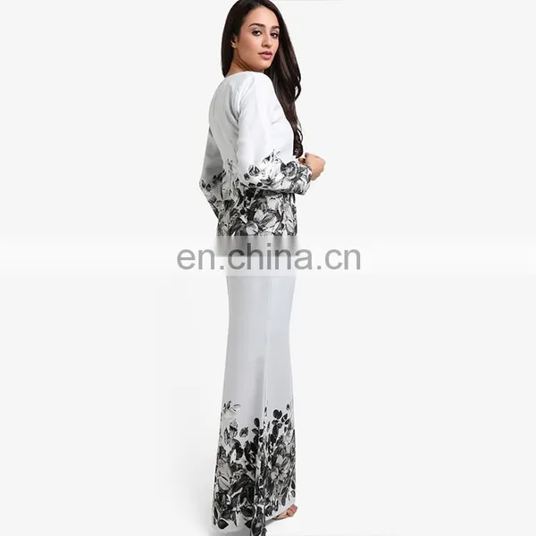 White Print Islamic Dress Plus Size Women Baju Kurung photo-2