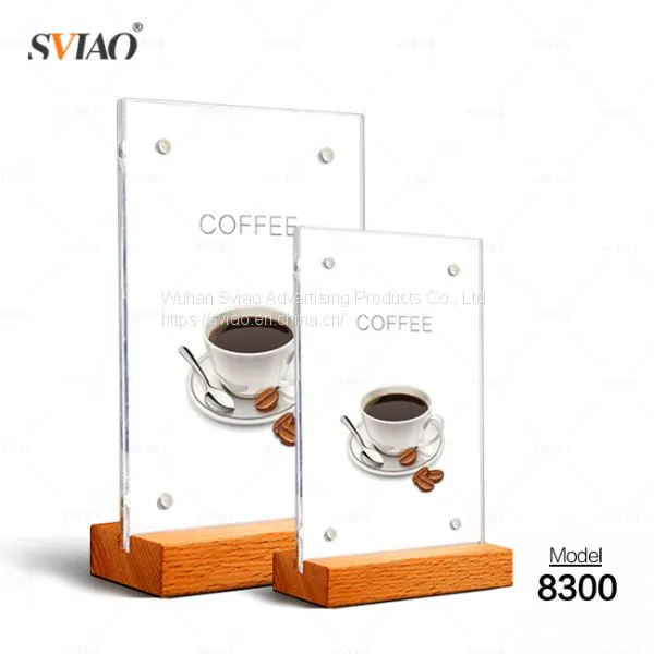 A5 140 * 258 * 48 mm Acrylic Table Stand Menu Holder With Wood Base
