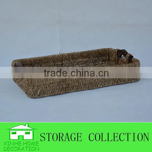 Rectangular Seagrass Woven Chocolate Packaging Food Tray With Wood Handle photo-2