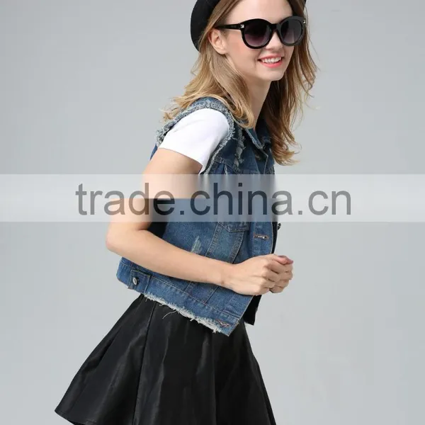 Ladies Cotton Spandex Stretch Vintage Blue Denim Vest With Studs and Rhinestones Decoration photo-4