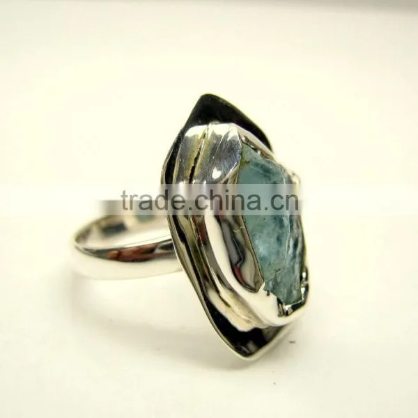 Aquamarine Raw Natural Gemstones Ring, 925 Solid Sterling Silver Rings, Blue Aquamarine Rough Gemstone Jewellery photo-4