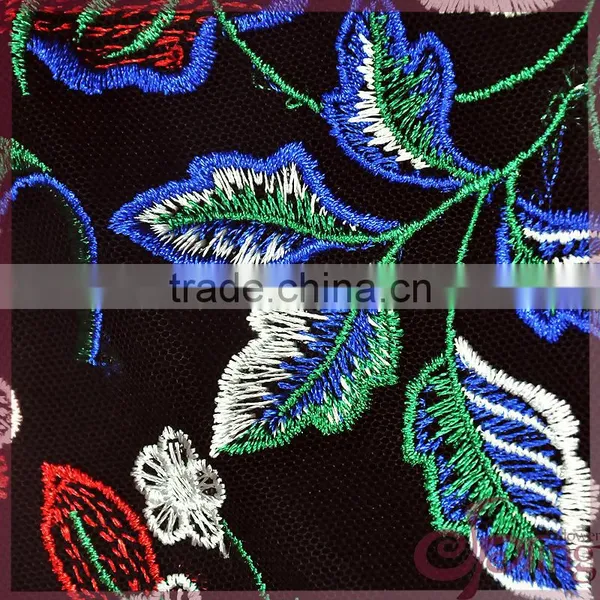 Colorful Flower Embroidered Tulle Lace Fabric, Elegant Shining Poly Mesh Embroidered Fabric photo-5