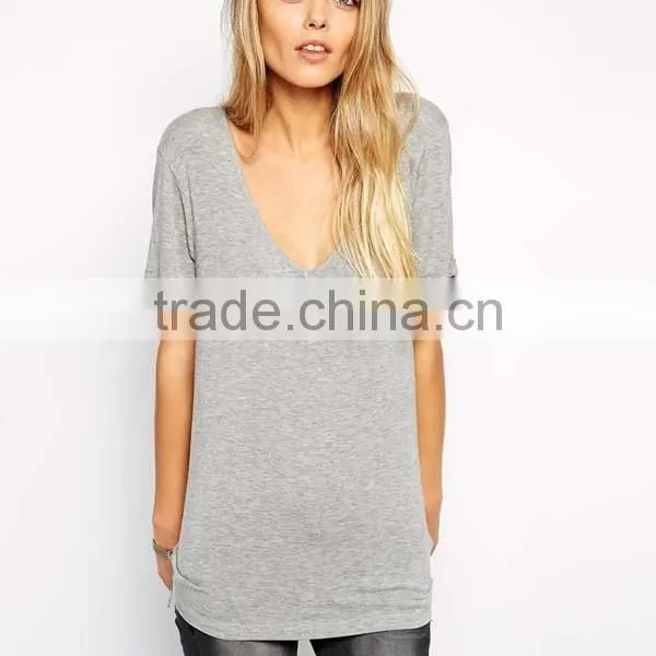 Custom Sexy Wide Neck Girls Slim Fit Blank T-shirt photo-3