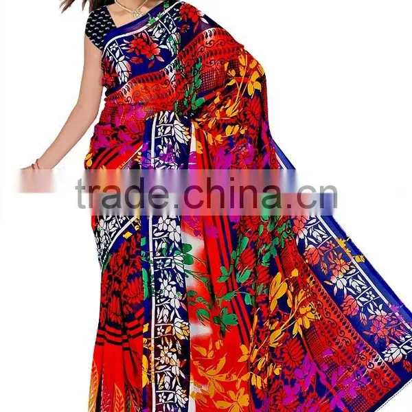 Flower Printed Black & Red Glamour Saree With Blouse photo-2