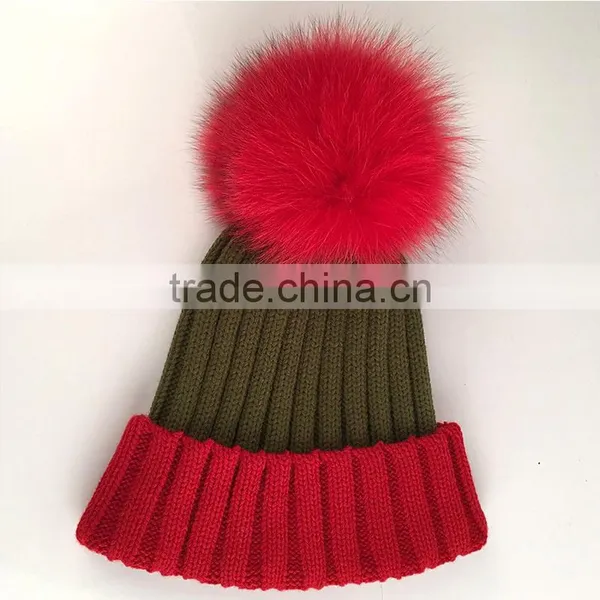 Myfur Adult Woolen Hat Bi-color Fox Body Fur Pom Poms Knitting Beanie Hat photo-2