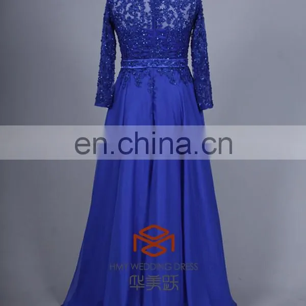 Lace Embroidered Royal Blue Long Sleeves Maxi Evening Dress For Fat Women HMY-CDA041 Ladies Long Evening Party Wear Gown photo-3