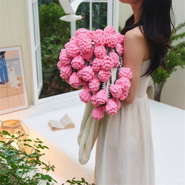 Pink Carnation Rose Crochet Flower Bouquet Blanket