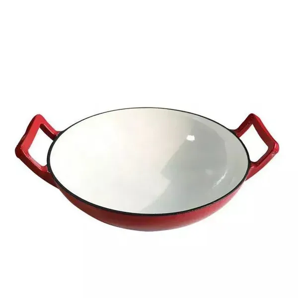 36cm Cast Iron Enamelled Wok Big Size Chinese Wok Red Double-handle Pot for Home Restaurant Chef Cooking
