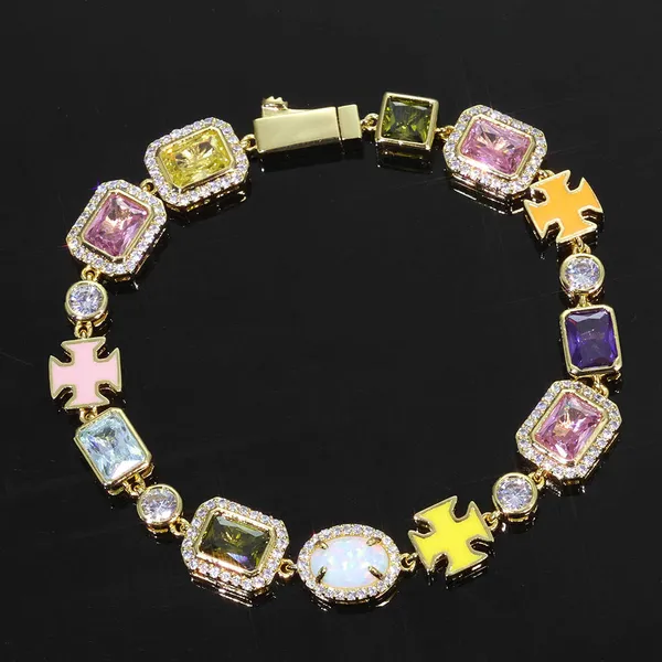 Geometric Colorful CZ Gemstone Chain Bracelet 10mm Silver Gold Multi Color Enamel Motif Hip Hop Unisex Jewelry Gift photo-2
