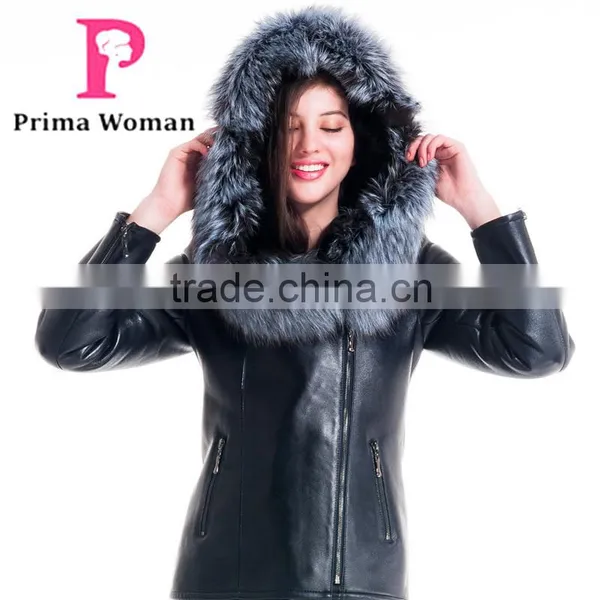 2015 Winter Leather Short Slim Fit Embroidered Women Coat With Belt Silver Fox Fur Hat photo-3