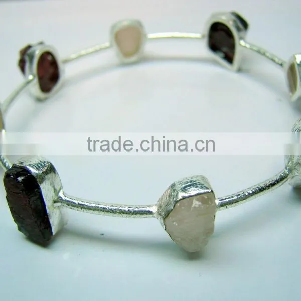 Rough Rose Quartz & Garnet Natural Gemstones 925 Sterling Silver Raw Bangle photo-2