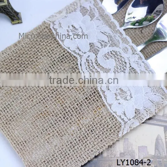 IN STOCK HandMade Wedding Silverware Lace Cutlery Burlap Holder Pocket photo-3