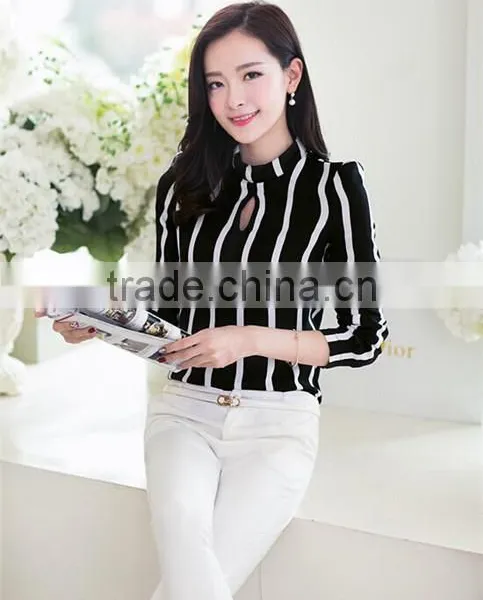 Fashion Korea Womens Stripe Blouse Long Sleeve Shirt Chiffon Slim Fit Tops photo-3
