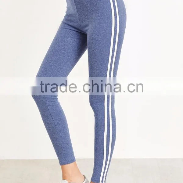 Sexy Basic Raw Hem Crop Tops With Blue Striped Side Leggings Cotton Blends Casual Women Sportwear Jogger photo-2