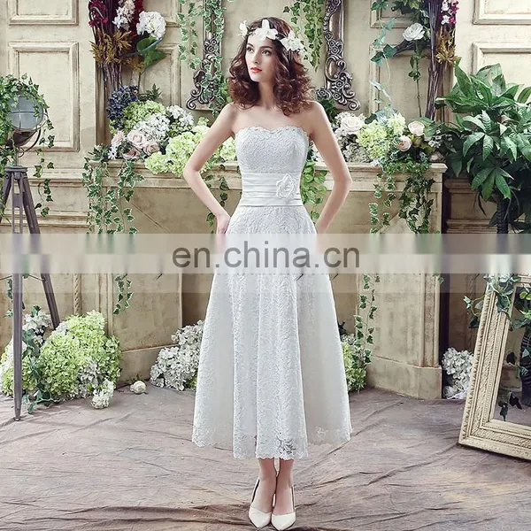 Wholesale Sweetheart Sleeveless Lace-Up Tea-Length Lace Wedding Dress SQS038
