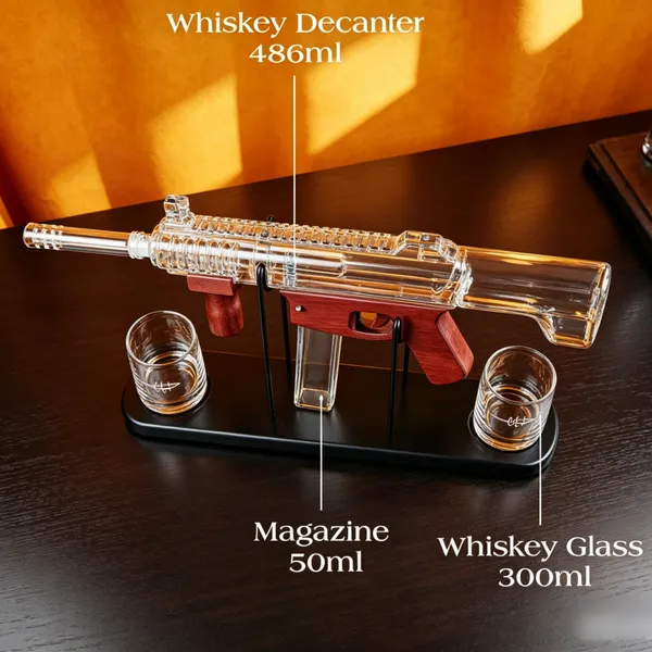 Huaqi Glass China Gun Shape Whiskey Decanter Set, Submachine Gun Liquor Bottle With Cups & Metal Rack, Wholesale Bar Drinkware photo-4