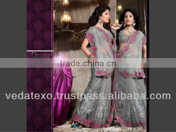 Grey Net Embroidery Saree