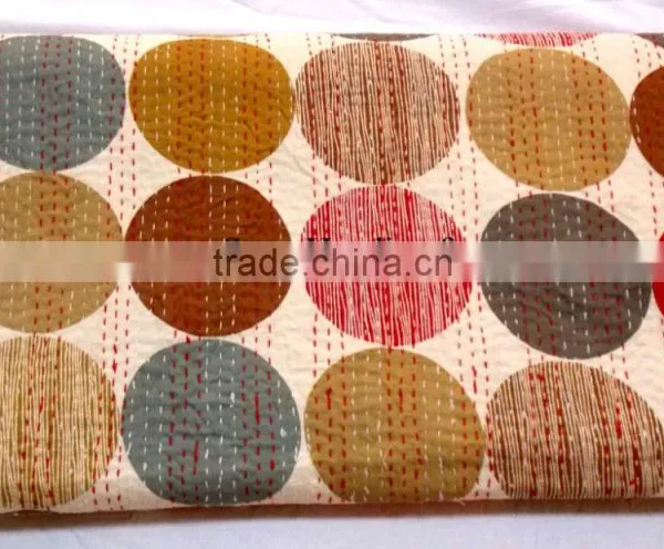 Queen Size Polka Dots Print Reversible Kantha Quilt Indian Sari Quilt Handmade Kantha Quilt Glazed Cotton