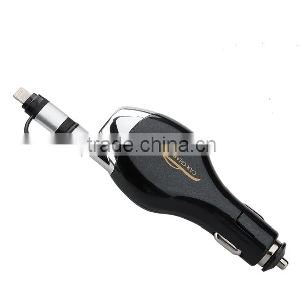 5V 2A / 4.8A Retractable Car Charger for Iphone 5 and Android With 2 In1 Cable