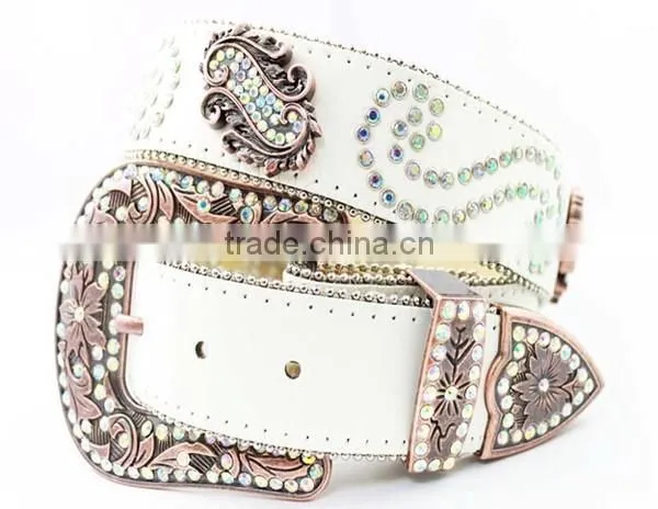 White PU Rhinestone Belt With Alloy Buckle photo-2